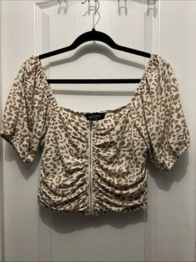 Kittenish Cream and Tan Leopard Ruched Zip Crop Top